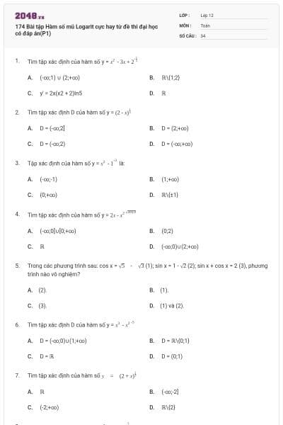 174 Bài tập Hàm số mũ Logarit cực hay từ đề thi đại học có đáp án(P1)