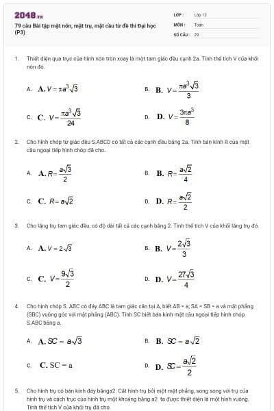 79 câu  Bài tập mặt nón, mặt trụ, mặt cầu từ đề thi Đại học (P3)