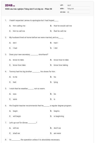 5000 câu trắc nghiệm Tiếng Anh 9 có đáp án - Phần 98