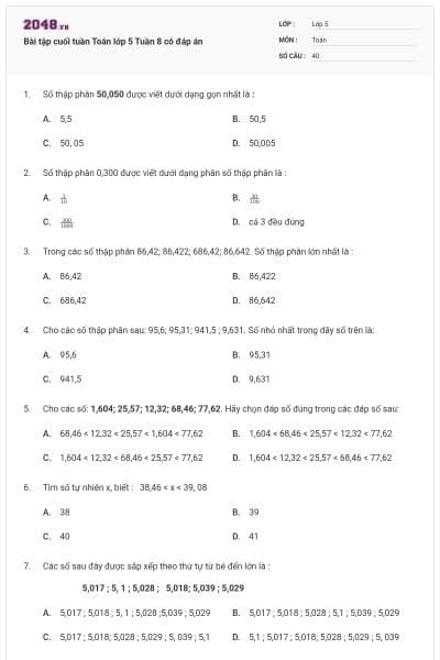 Bài tập cuối tuần Toán lớp 5 Tuần 8 có đáp án