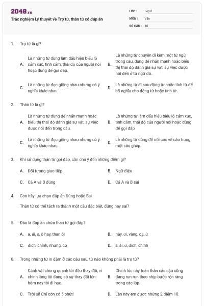 Trắc nghiệm Lý thuyết về Trợ từ, thán từ có đáp án
