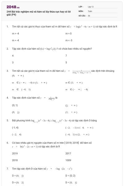 244 Bài trắc nghiệm mũ và hàm số lũy thừa cực hay có lời giải (P4)