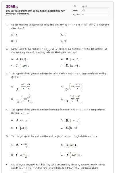 299 Bài trắc nghiệm hàm số mũ, hàm số Logarit siêu hay có lời giải chi tiết (P2)