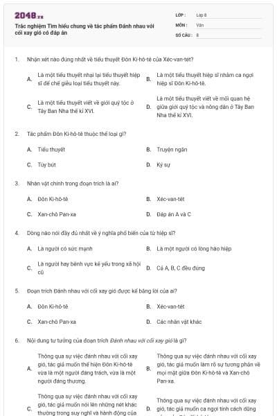 Trắc nghiệm Tìm hiểu chung về tác phẩm Đánh nhau với cối xay gió có đáp án