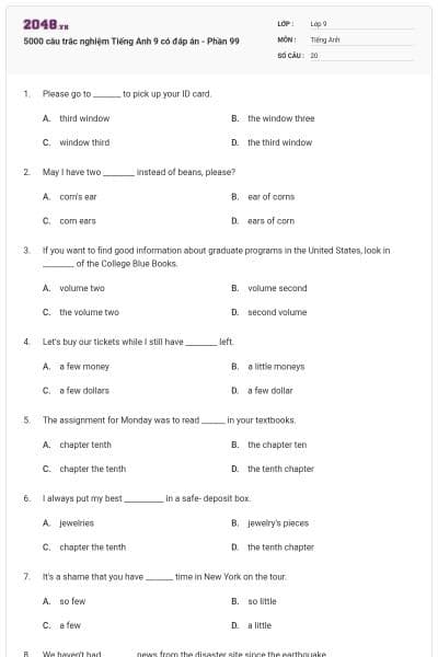 5000 câu trắc nghiệm Tiếng Anh 9 có đáp án - Phần 99