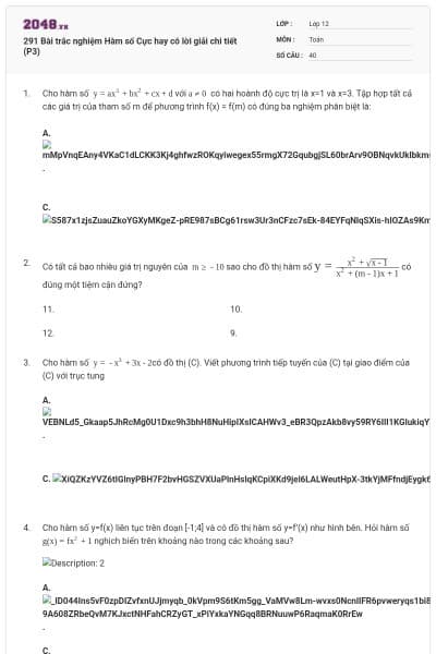 291 Bài trắc nghiệm Hàm số Cực hay có lời giải chi tiết (P3)