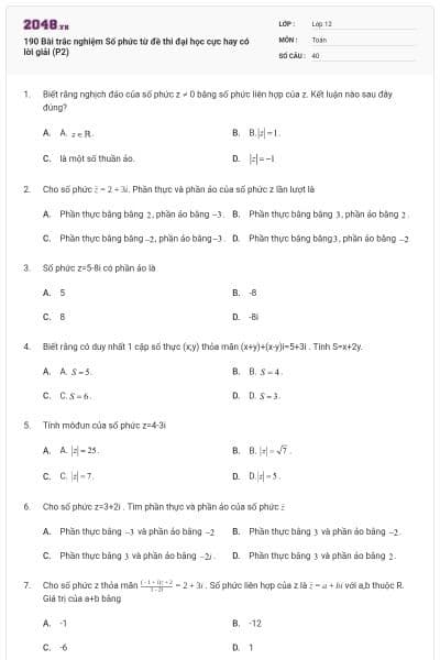 190 Bài trắc nghiệm Số phức từ đề thi đại học cực hay có lời giải (P2)