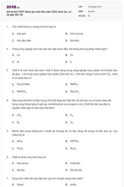 Đề thi thử THPT Quốc gia môn Hóa năm 2022 chon lọc, có lời giải (Đề 16)