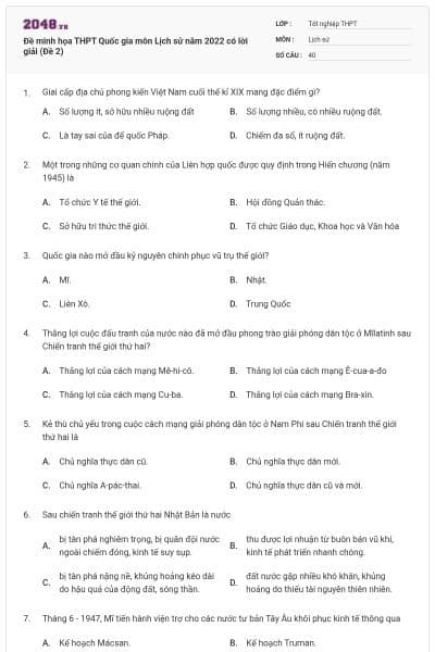 Đề minh họa THPT Quốc gia môn Lịch sử năm 2022 có lời giải (Đề 2)