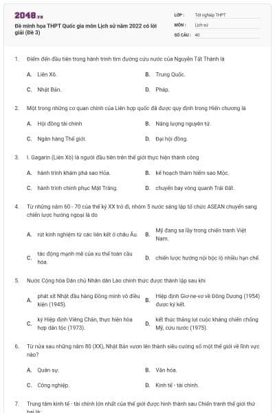Đề minh họa THPT Quốc gia môn Lịch sử năm 2022 có lời giải (Đề 3)