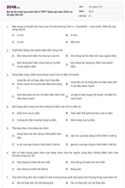 Bộ đề thi minh họa môn Vật lí THPT Quốc gia năm 2022 có lời giải (Đề 23)