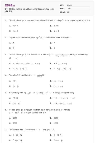 244 Bài trắc nghiệm mũ và hàm số lũy thừa cực hay có lời giải (P4)
