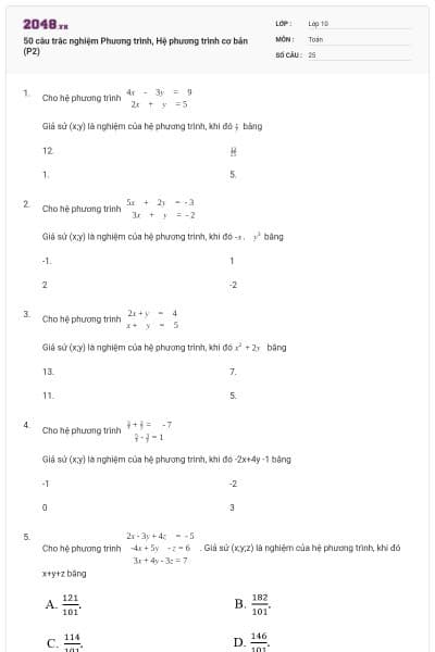 50 câu trắc nghiệm Phương trình, Hệ phương trình cơ bản (P2)