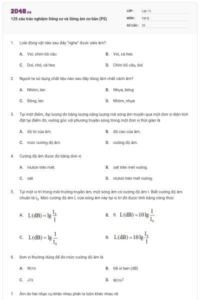 125 câu trắc nghiệm Sóng cơ và Sóng âm cơ bản (P5)