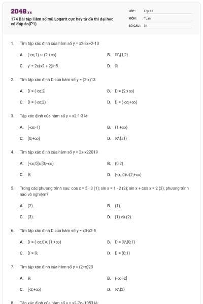 174 Bài tập Hàm số mũ Logarit cực hay từ đề thi đại học có đáp án(P1)