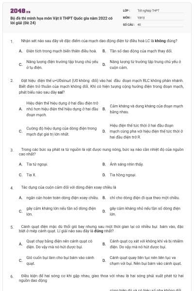 Bộ đề thi minh họa môn Vật lí THPT Quốc gia năm 2022 có lời giải (Đề 24)