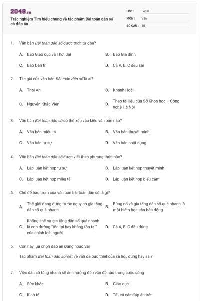 Trắc nghiệm Tìm hiểu chung về tác phẩm Bài toán dân số có đáp án