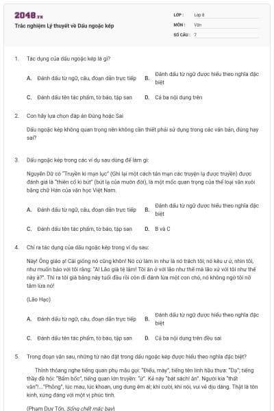 Trắc nghiệm Lý thuyết về Dấu ngoặc kép