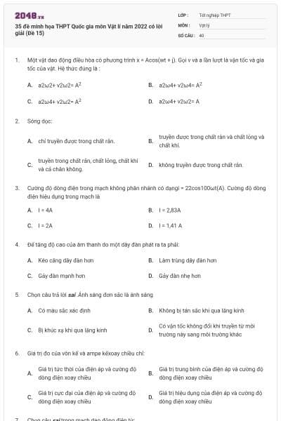 35 đề minh họa THPT Quốc gia môn Vật lí năm 2022 có lời giải (Đề 15)