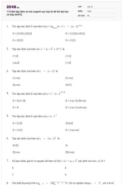 174 Bài tập Hàm số mũ Logarit cực hay từ đề thi đại học có đáp án(P2)
