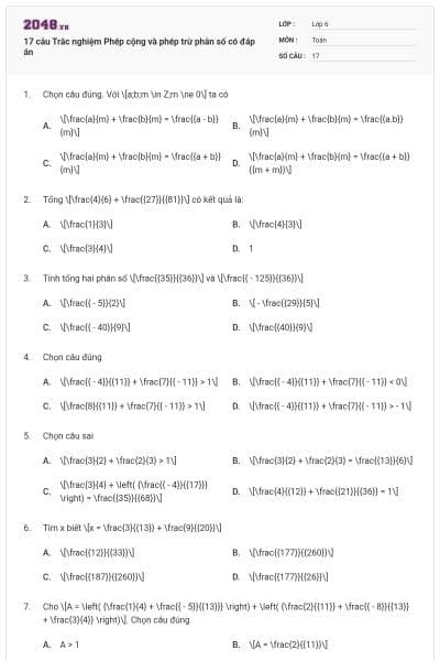 17 câu Trắc nghiệm Phép cộng và phép trừ phân số có đáp án