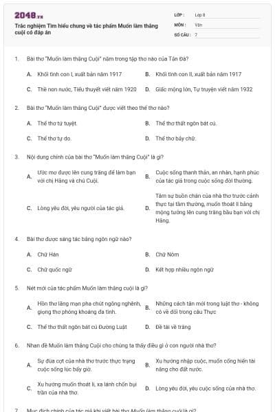 Trắc nghiệm Tìm hiểu chung về tác phẩm Muốn làm thằng cuội có đáp án