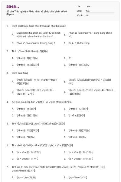 20 câu Trắc nghiệm Phép nhân và phép chia phân số có đáp án