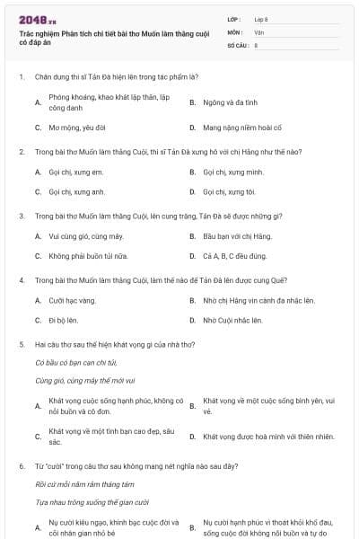 Trắc nghiệm Phân tích chi tiết bài thơ Muốn làm thằng cuội có đáp án