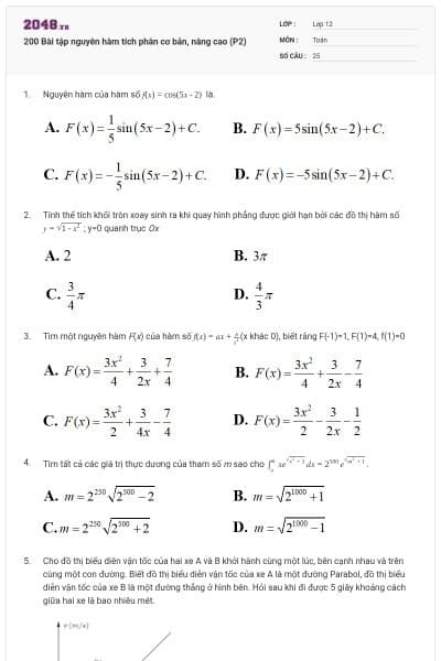200 Bài tập nguyên hàm tích phân cơ bản, nâng cao (P2)