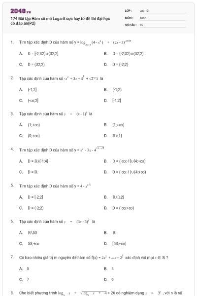174 Bài tập Hàm số mũ Logarit cực hay từ đề thi đại học có đáp án(P2)