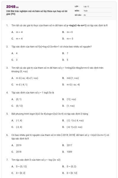 244 Bài trắc nghiệm mũ và hàm số lũy thừa cực hay có lời giải (P4)