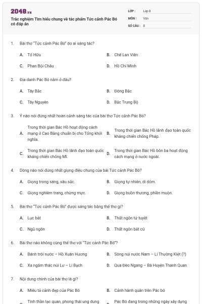 Trắc nghiệm Tìm hiểu chung về tác phẩm Tức cảnh Pác Bó có đáp án