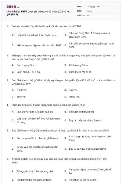 Đề minh họa THPT Quốc gia môn Lịch sử năm 2022 có lời giải (Đề 5)
