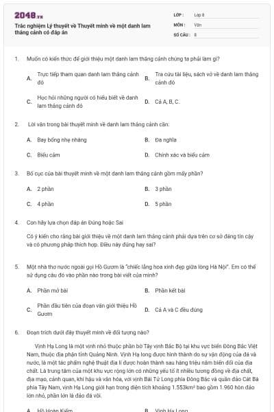 Trắc nghiệm Lý thuyết về Thuyết minh về một danh lam thắng cảnh có đáp án