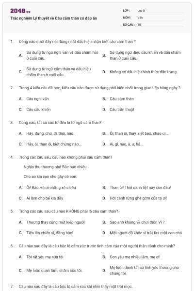 Trắc nghiệm Lý thuyết về Câu cảm thán có đáp án