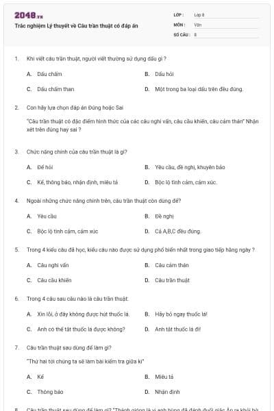 Trắc nghiệm Lý thuyết về Câu trần thuật có đáp án