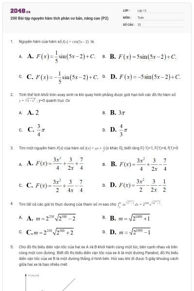 200 Bài tập nguyên hàm tích phân cơ bản, nâng cao (P2)