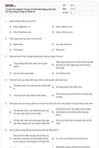 15 câu Trắc nghiệm Tin học 10 Cánh diều Mạng máy tính với cuộc sống có đáp án (Phần 2)