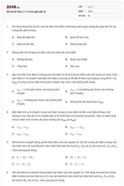 Đề ôn thi Vật Lí 11 có lời giải (Đề 3)