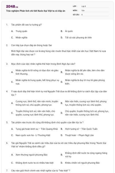 Trắc nghiệm Phân tích chi tiết Nước Đại Việt ta có đáp án