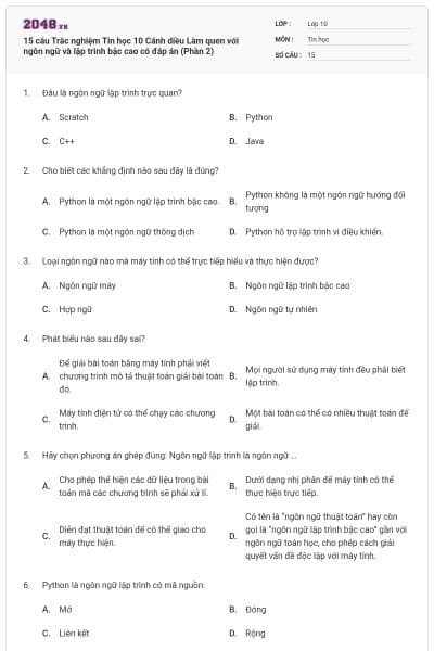 15 câu Trắc nghiệm Tin học 10 Cánh diều Làm quen với ngôn ngữ và lập trình bậc cao có đáp án (Phần 2)