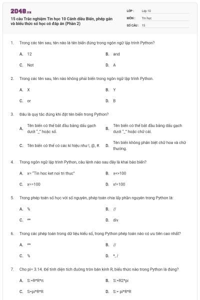 15 câu Trắc nghiệm Tin học 10 Cánh diều Biến, phép gán và biểu thức số học có đáp án (Phần 2)