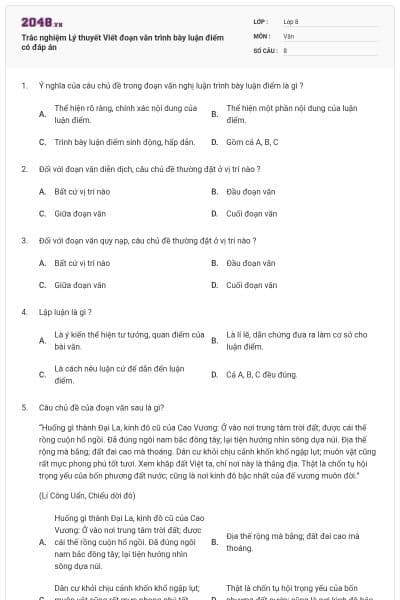 Trắc nghiệm Lý thuyết Viết đoạn văn trình bày luận điểm có đáp án