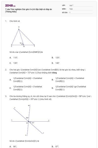 7 câu Trắc nghiệm Các góc ở vị trí đặc biệt có đáp án (Thông hiểu)