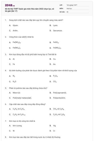 Đề thi thử THPT Quốc gia môn Hóa năm 2022 chọn lọc, có lời giải (Đề 17)