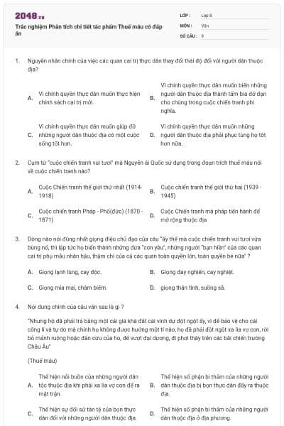 Trắc nghiệm Phân tích chi tiết tác phẩm Thuế máu có đáp án