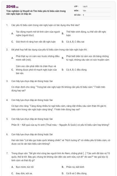 Trắc nghiệm Lý thuyết về Tìm hiểu yếu tố biểu cảm trong văn nghị luận có đáp án