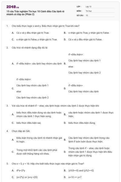 15 câu Trắc nghiệm Tin học 10 Cánh diều Câu lệnh rẽ nhánh có đáp án (Phần 2)