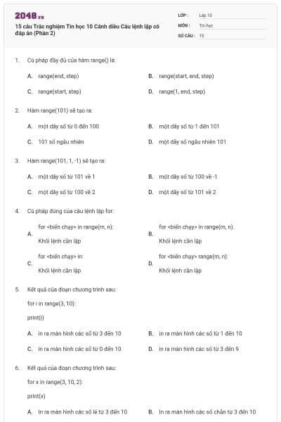 15 câu Trắc nghiệm Tin học 10 Cánh diều Câu lệnh lặp có đáp án (Phần 2)