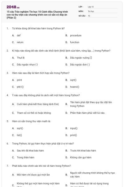 15 câu Trắc nghiệm Tin học 10 Cánh diều Chương trình con và thư viện các chương trình con có sẵn có đáp án (Phần 2)